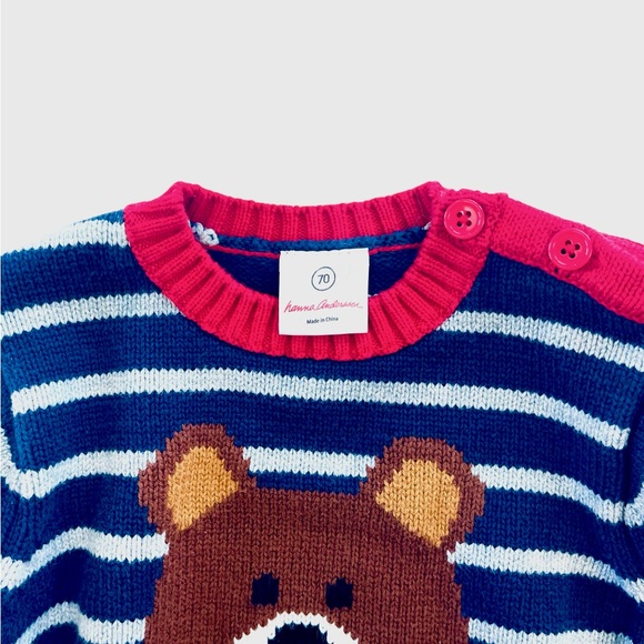 Hannah Andersson: Navy Blue Stripped/Red, Bear Knit Sweater. - Picture 2 of 5